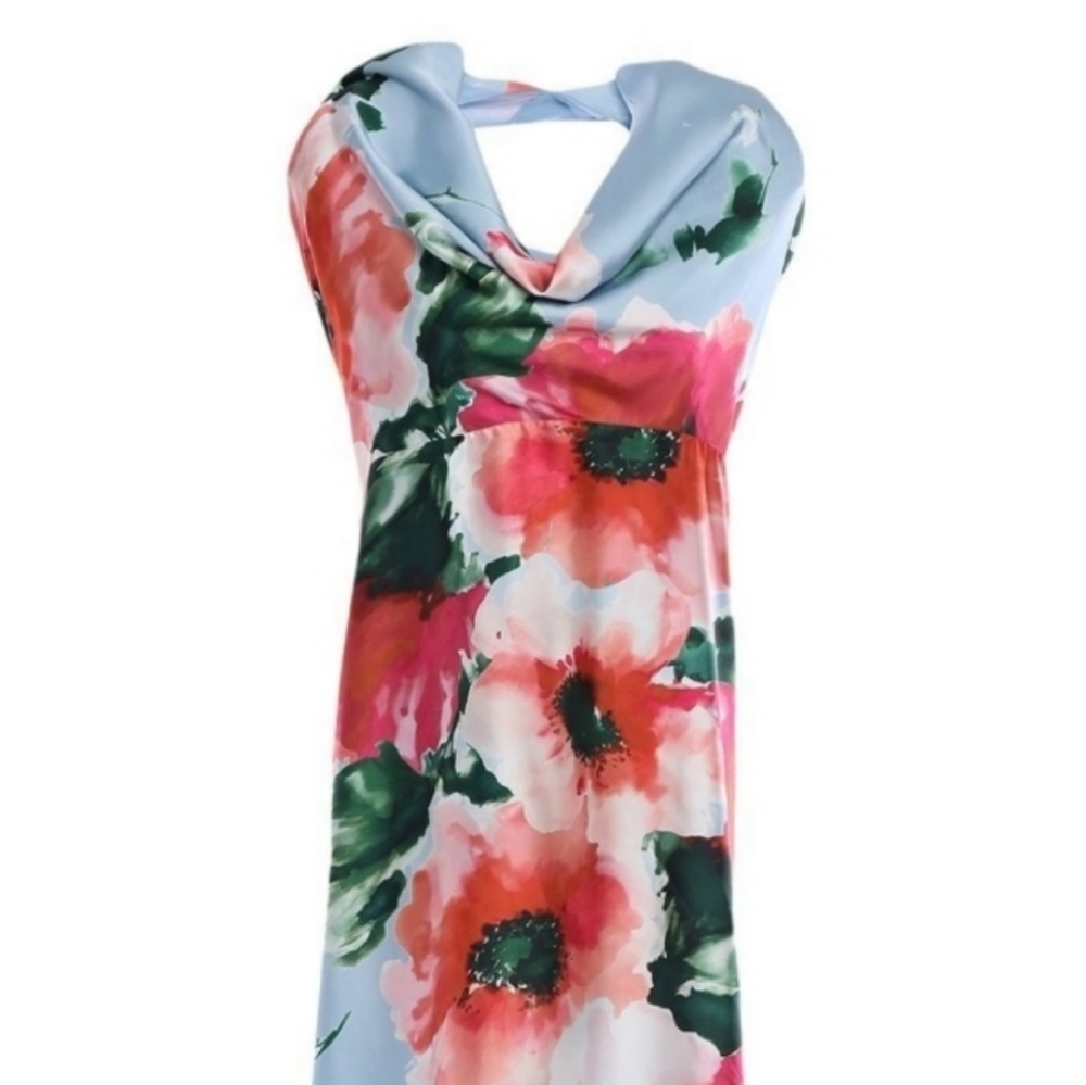 ADE' Floral Halter Asymmetric High Low Maxi Dress Size 6 Baby Blue Pink - Picture 3 of 10